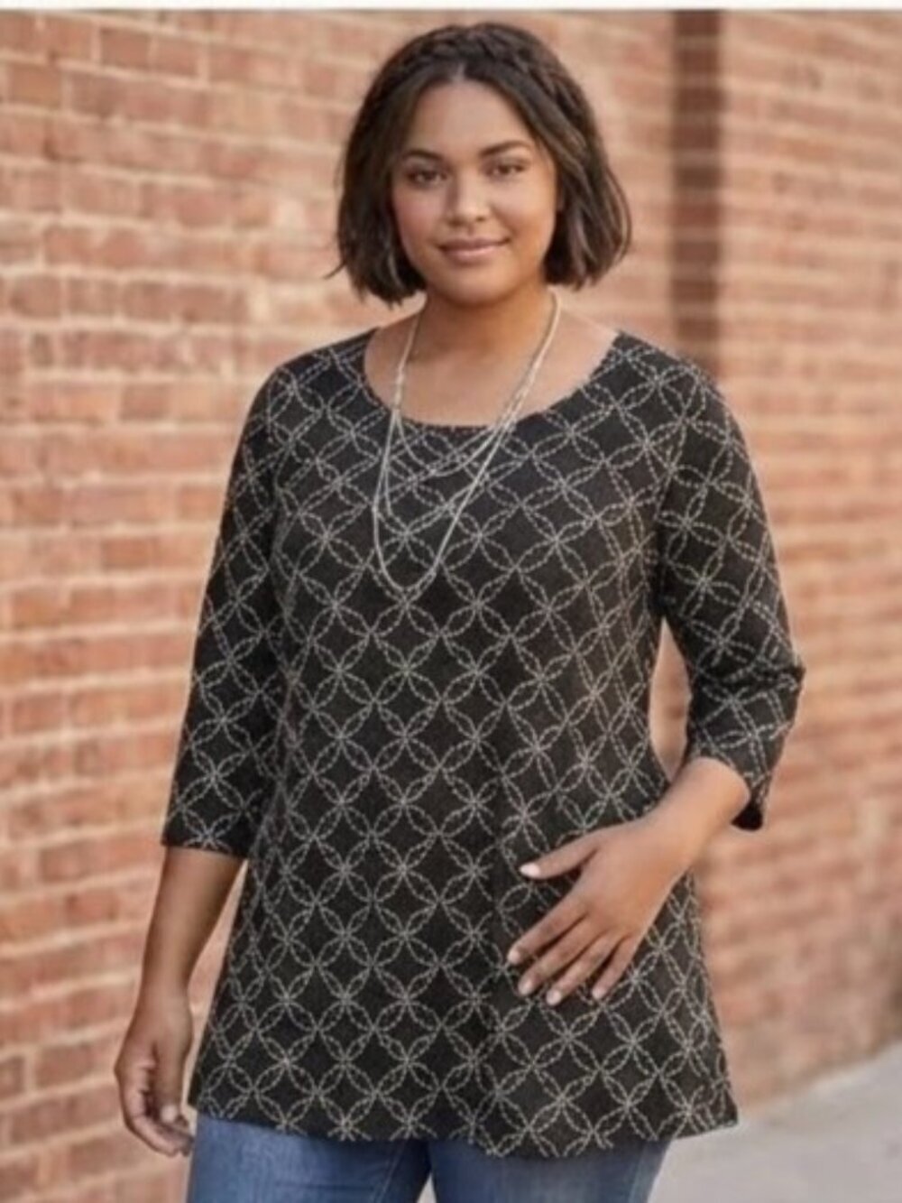 Catherine's Size 1X Black Geo Print 3/4 Sleeve 100% Cotton Tunic Top Casual